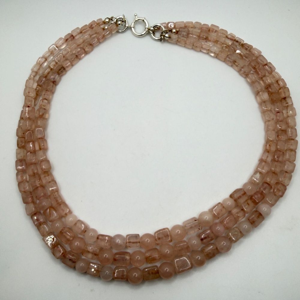 19" Triple stranded‎ Rose Quartz beaded necklace with sterling silver hardware!